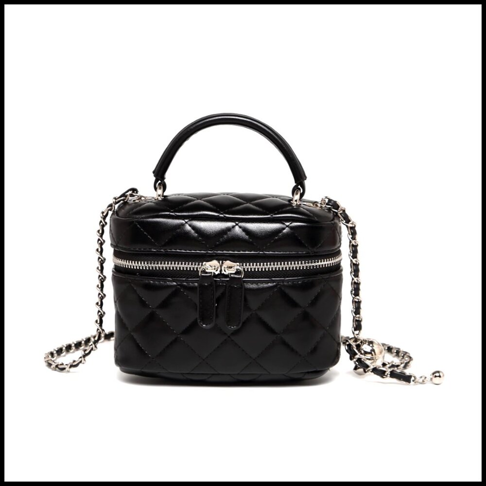 Quilted Leather Crossbody Bag with Chain Strap, Mini Bucket Handbag